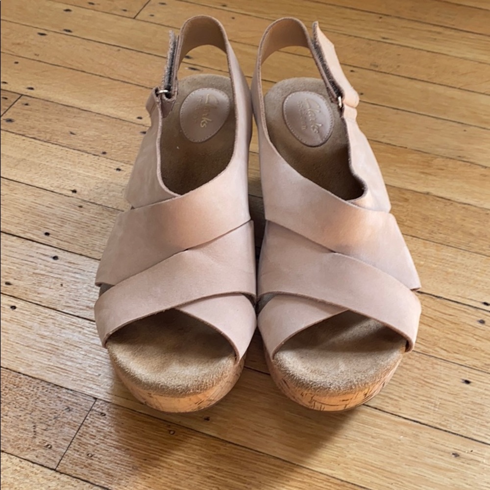 Clark’s tan cork wedge heels